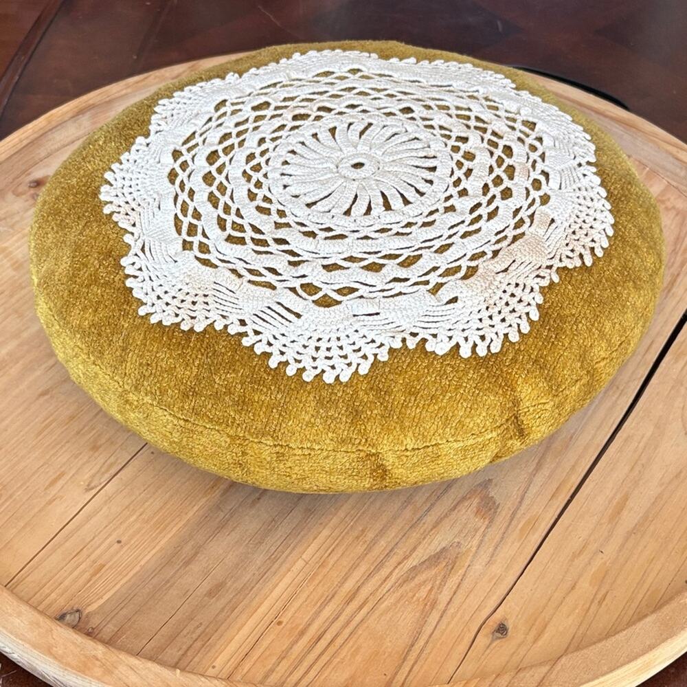 Vintage Mustard Velvet Cushion with Lace Doily Accent